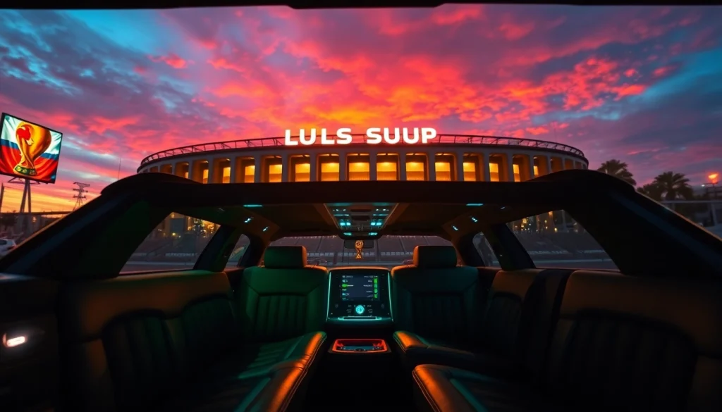World Cup Group Transportation in a luxurious limousine with plush seating at a Los Angeles stadium.