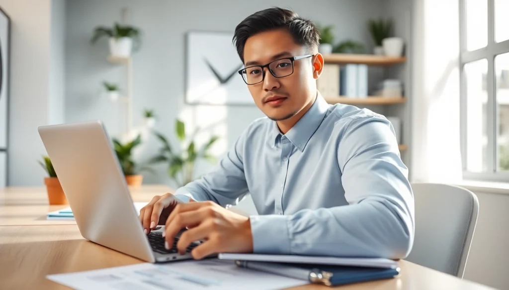 카드현금화 관련 서류와 노트북 앞에 앉아 있는 전문가 모습