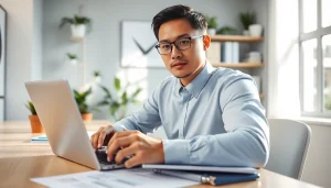 카드현금화 관련 서류와 노트북 앞에 앉아 있는 전문가 모습