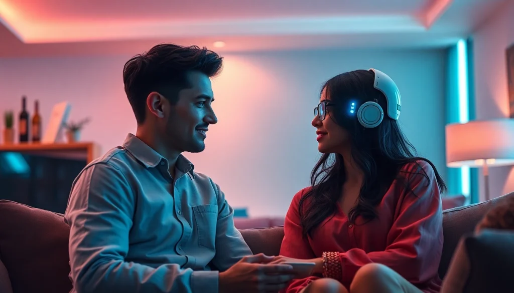Couple interacting with a humanoid AI in a cozy modern setting, representing sex ai technology.