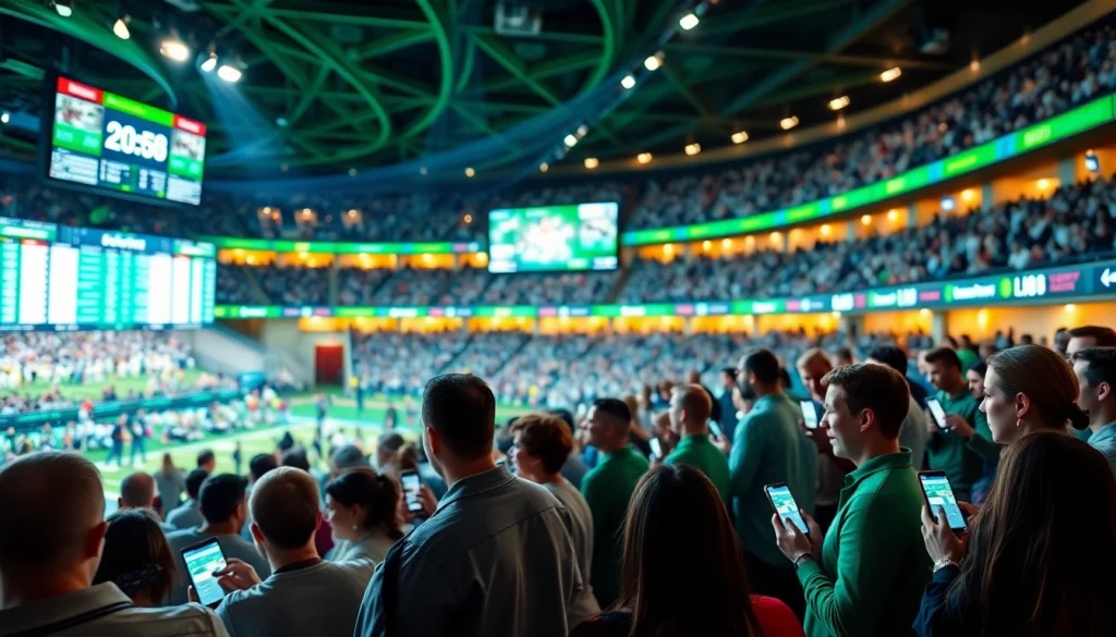 Engaging scene of sports betting sites Georgia in action with enthusiastic bettors and live odds displayed.