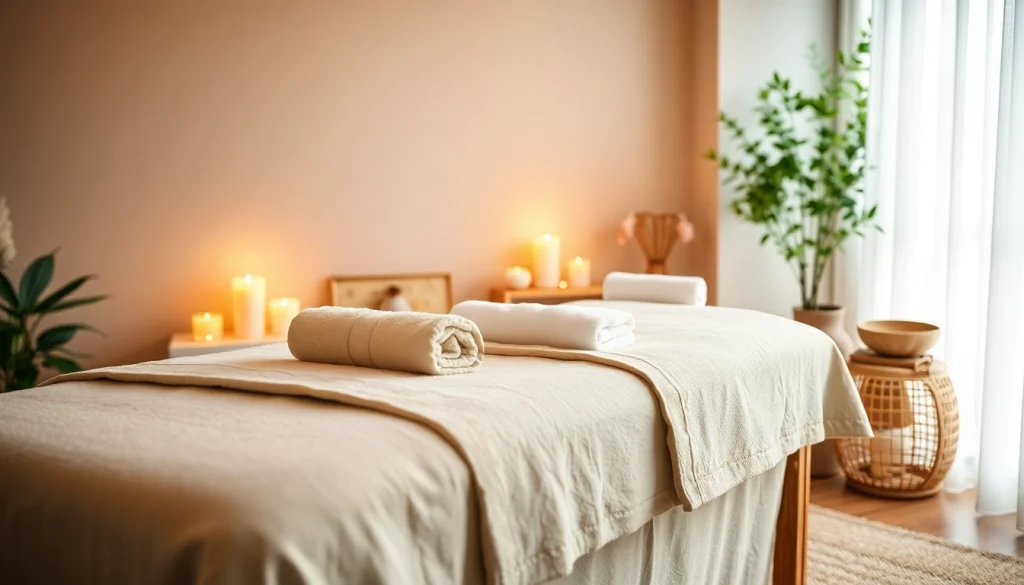 홈타이 마사지를 받는 편안한 공간, 부드러운 조명과 아로마 캔들이 특징입니다.