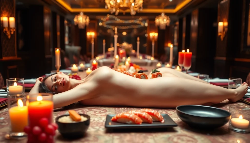 Body sushi elegantly displayed on a model, showcasing an intimate dining experience.