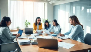 Collaboration d'équipe dans un espace de travail moderne d'une agence de traduction, mettant en valeur des documents de traduction et des technologies.