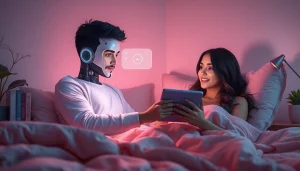 AI sexting interaction in a cozy bedroom with a tablet and holographic chatbot.