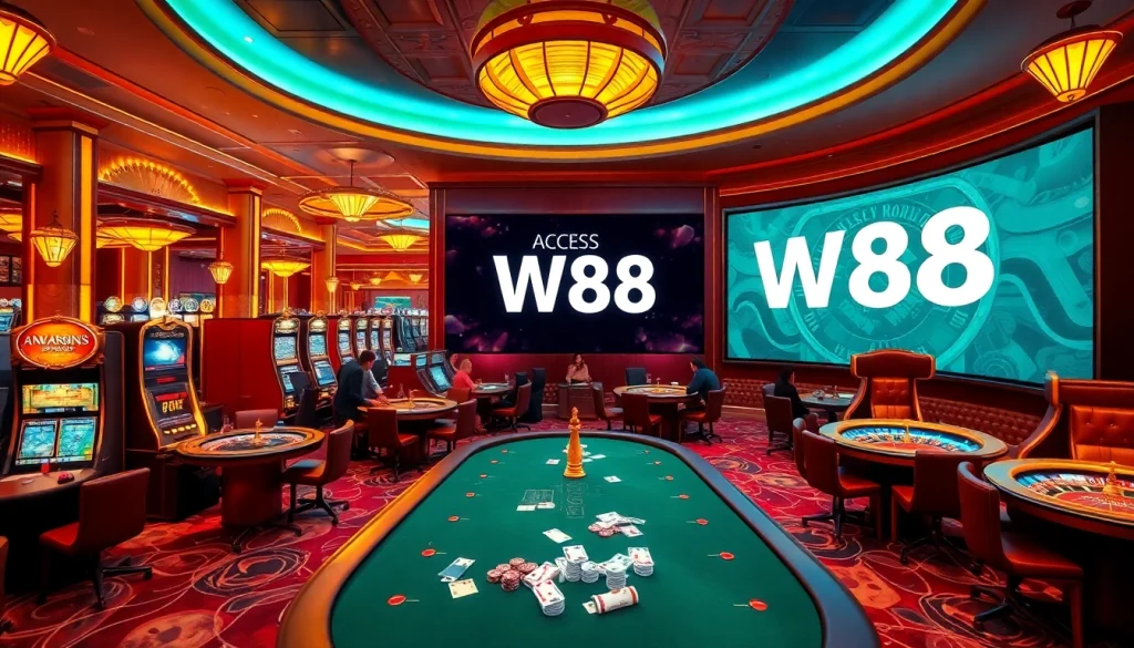 Tận hưởng liên kết truy cập W88 đầy sống động trong một casino sang trọng đầy hành động và sự phấn khích.