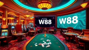 Tận hưởng liên kết truy cập W88 đầy sống động trong một casino sang trọng đầy hành động và sự phấn khích.