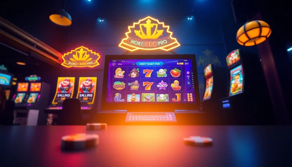 Exciting online slot gaming scene featuring hoki138 pro, showcasing vibrant graphics and gaming props.