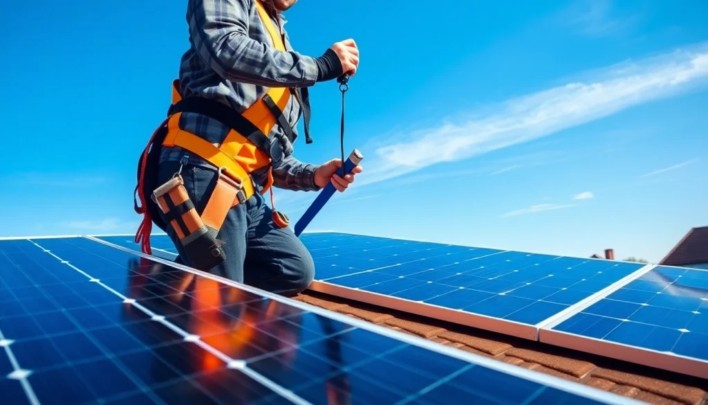 Solar Panel Installation Derby with a technician installing on a rooftop, showcasing professional energy solutions.