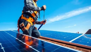 Solar Panel Installation Derby with a technician installing on a rooftop, showcasing professional energy solutions.