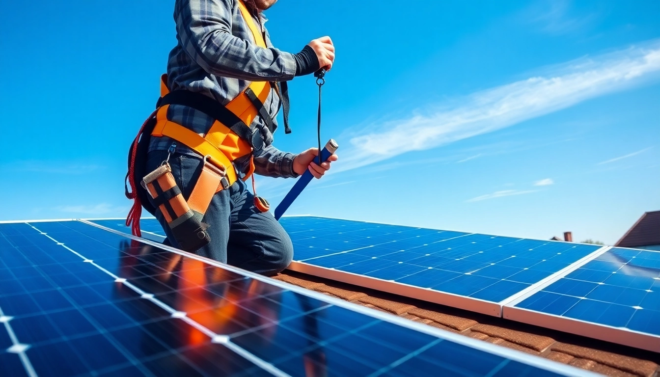 Solar Panel Installation Derby with a technician installing on a rooftop, showcasing professional energy solutions.