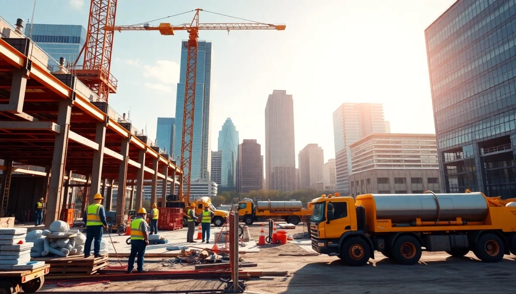 Engaged team constructing a new structure in Austin construction setting, highlighting expertise and collaboration.