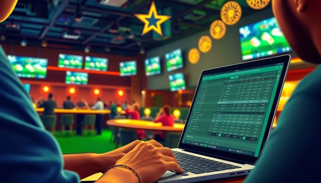Engaging scene highlighting sports betting sites Texas with a person analyzing betting platforms on a laptop.