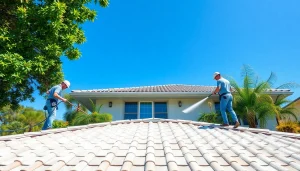 Roof cleaning service in action, showcasing professional team soft washing a residential roof in Kissimmee, FL, enhancing curb appeal.