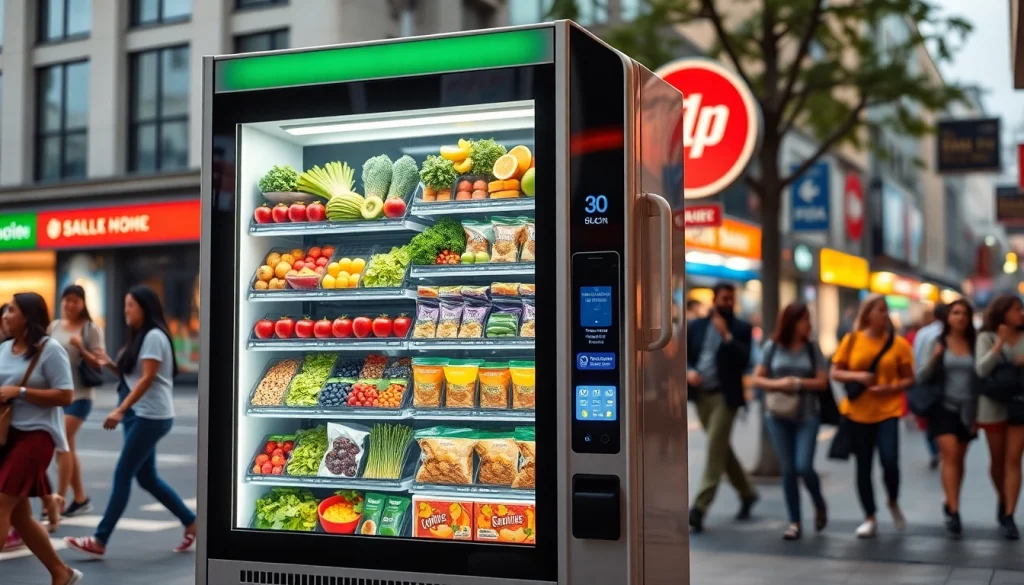 Healthy food vending machine offering fresh snacks in a vibrant urban setting.