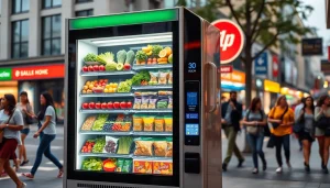 Healthy food vending machine offering fresh snacks in a vibrant urban setting.