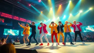 BTS news: BTS performing dynamically on stage, showcasing vibrant energy in a lively concert atmosphere.