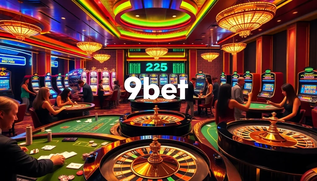 Excited players enjoying gambling at the luxurious 9bet casino tables showcasing cards and roulette wheels.