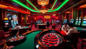 RR88 players engaging in an exciting casino experience with poker chips and a roulette wheel.