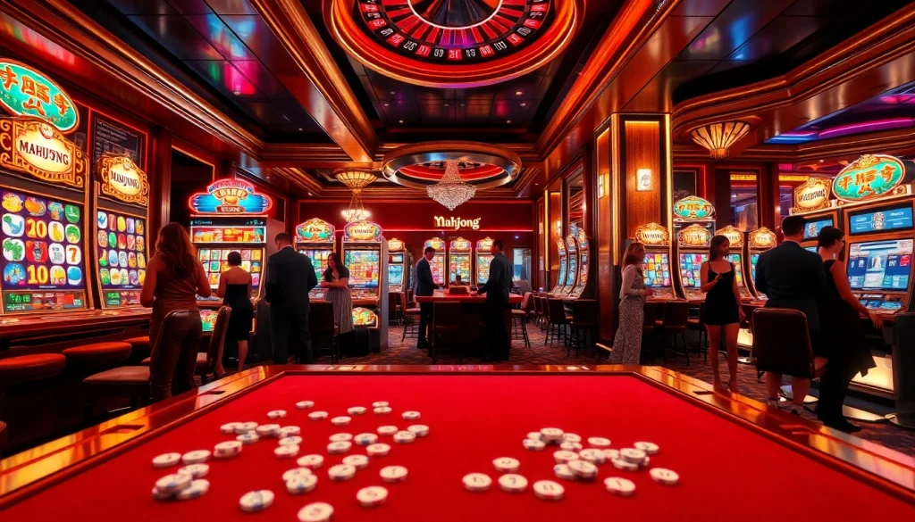 Berinteraksi dengan slot demo Mahjong di antara para patron kasino glamor dalam lingkungan mewah.