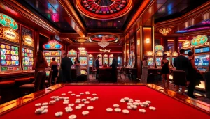 Berinteraksi dengan slot demo Mahjong di antara para patron kasino glamor dalam lingkungan mewah.