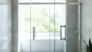 Stylish glass shower doors reflecting modern elegance in a beautifully designed bathroom.