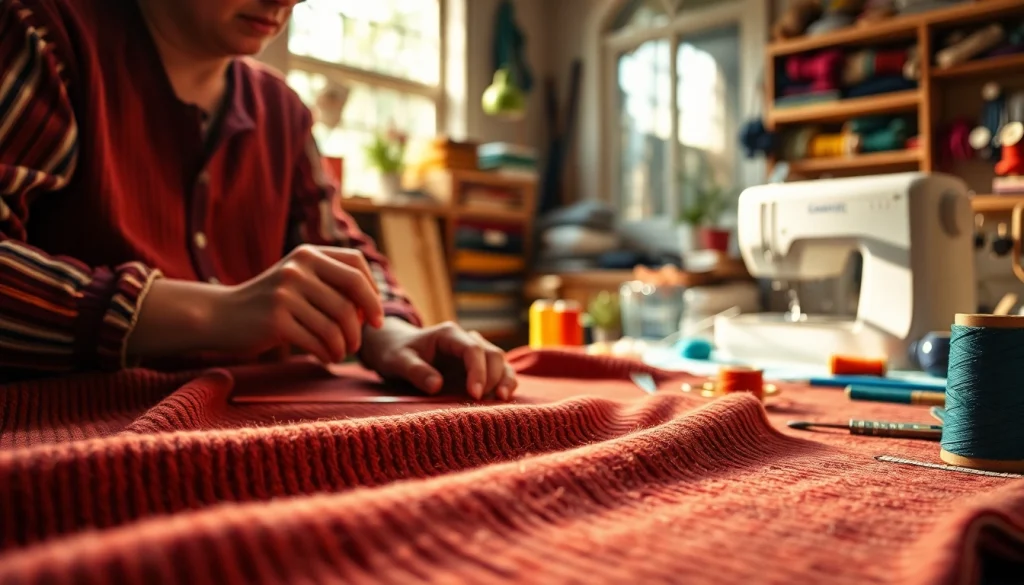 Gebruik van ribcord stof in een creatief naaiatelier met kleurrijke accessoires.