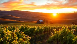 View of lush vineyards in Carksburg CA with a rustic barn at sunset.