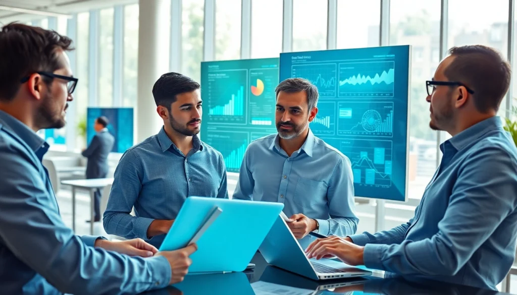 Data analysts collaborating on Competitive intelligence trends in a modern office setting.