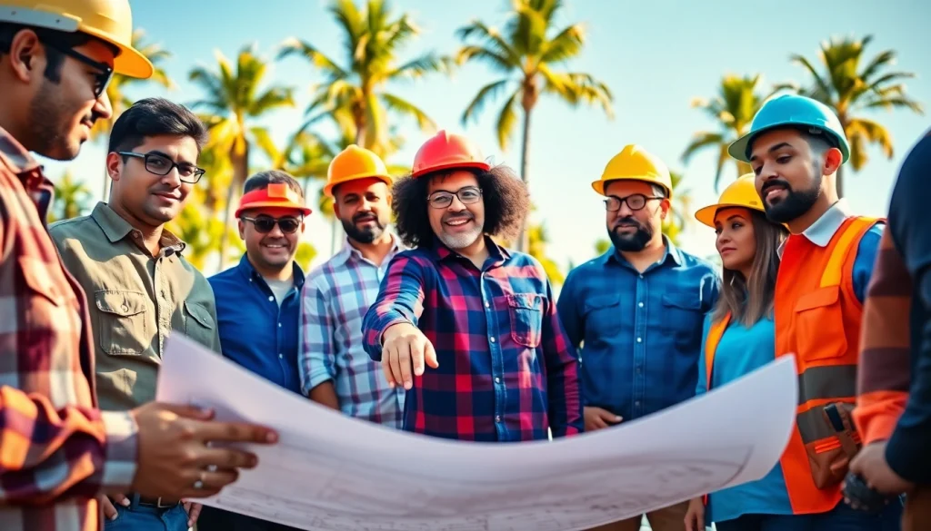 Collaborative team of professionals from the southern california contractors association reviewing blueprints outdoors.