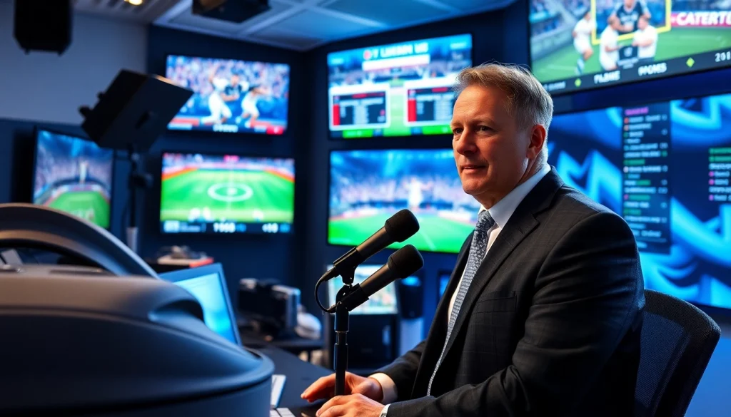 Engaging sports broadcasting scene showcasing live events and a professional commentator.