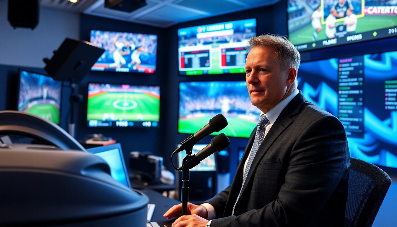 Engaging sports broadcasting scene showcasing live events and a professional commentator.