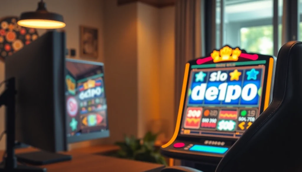 Menggambarkan pengalaman slot depo 1k melalui antarmuka mesin slot yang dinamis dan warna-warni di ruang permainan modern.