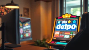 Menggambarkan pengalaman slot depo 1k melalui antarmuka mesin slot yang dinamis dan warna-warni di ruang permainan modern.