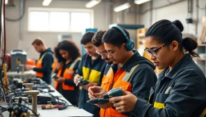 Students at an electrician trade school in Colorado practicing hands-on electrical wiring skills.