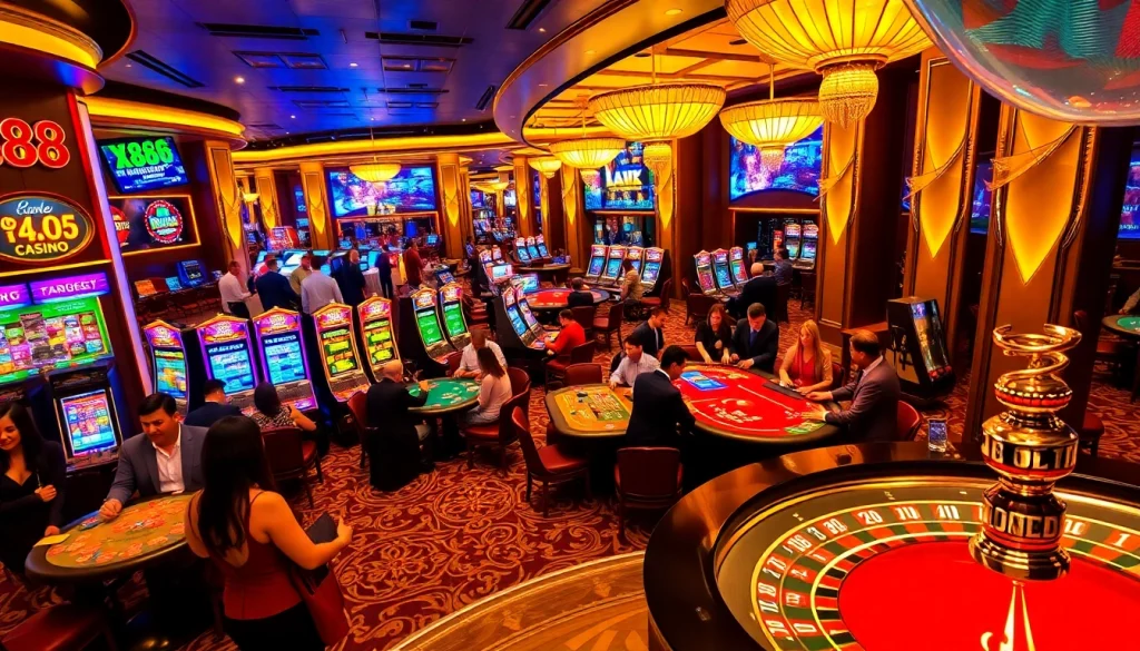 Exciting gameplay at xx88 casino with vibrant slot machines and engaged poker players.