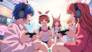 Engaging scene from a hentai game featuring colorful characters and vibrant gaming elements.