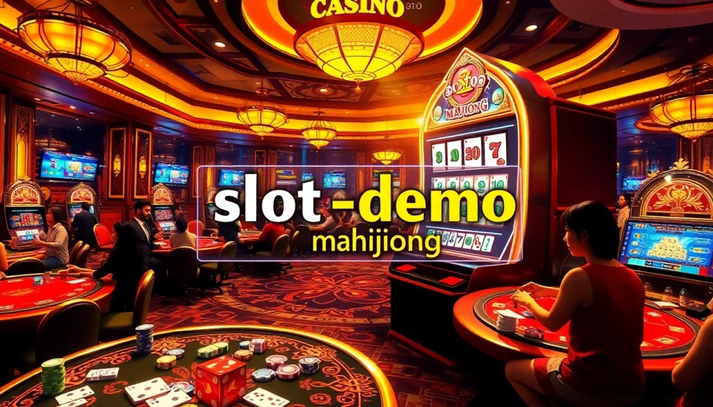 Experience the excitement of the slot demo mahjong at a vibrant casino where players engage with stunning gaming machines and lively tables.