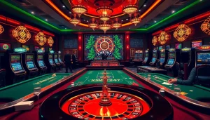 XSMB247 players excitedly betting at a high-stakes poker table in a luxurious casino.