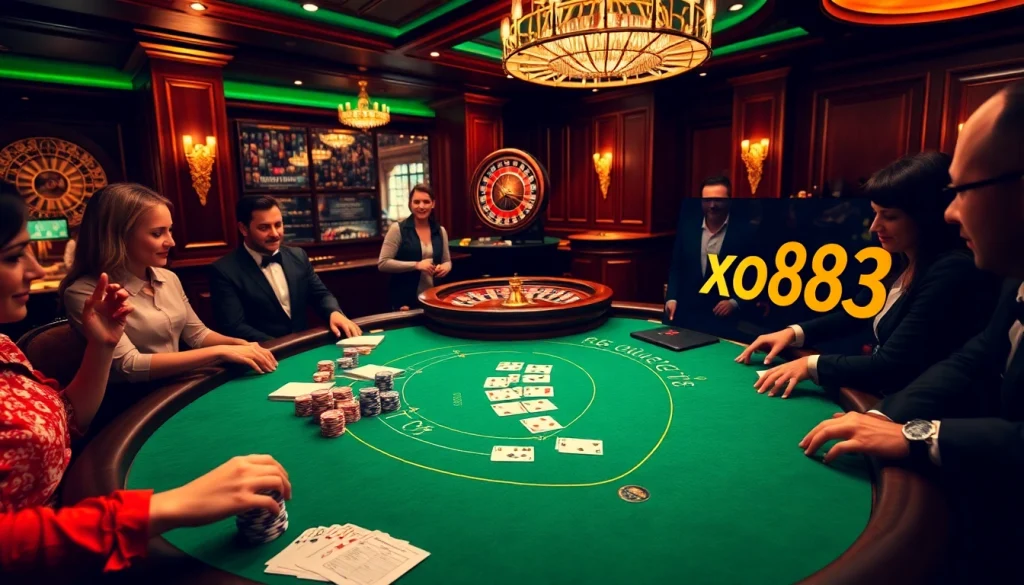 Players engaged at a blackjack table featuring xo88t3 betting slips, highlighting thrilling casino action.