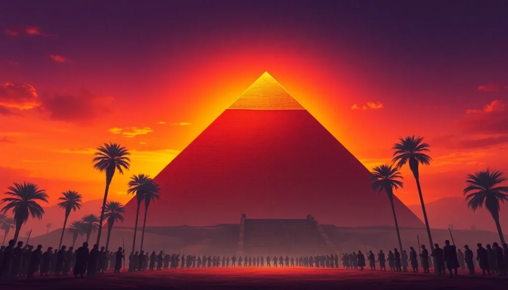 View of the Great Pyramid of Giza representing piraminds against a colorful sunset.