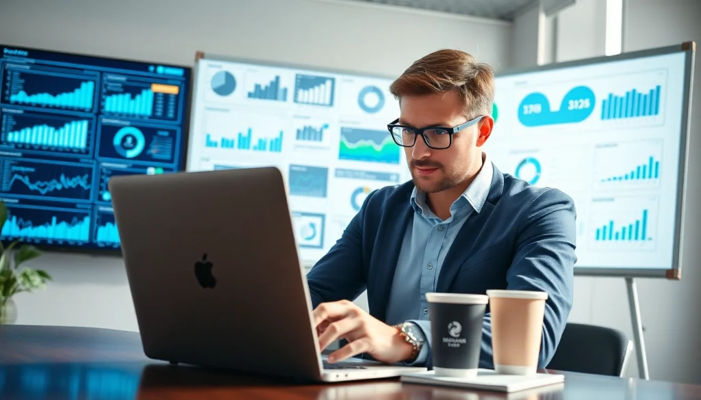 Analyzing competitive intelligence in a modern office setting with digital data displays.