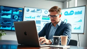 Analyzing competitive intelligence in a modern office setting with digital data displays.