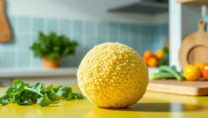 Using a kitchen loofah with fresh vegetables on a vibrant kitchen countertop.