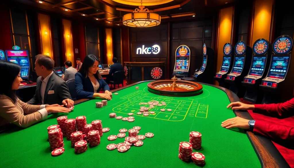 nk88 poker players at an elegant casino table enjoying high-stakes action