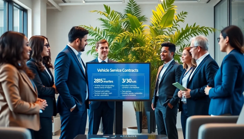 Team discussing options from a vehicle service contract provider in a vibrant office setting.