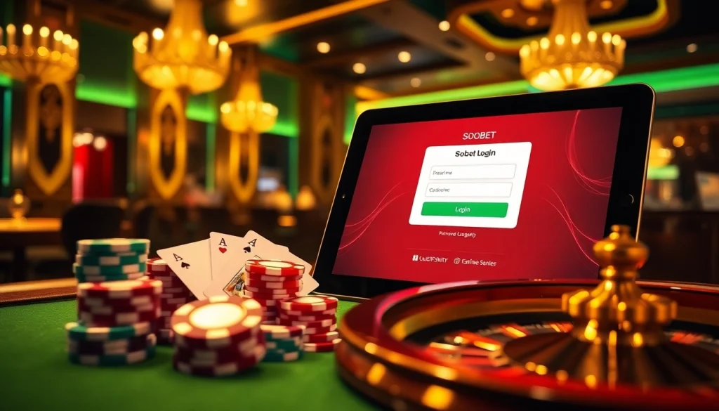 sbobet login on a luxurious online gambling interface surrounded by poker chips and cards