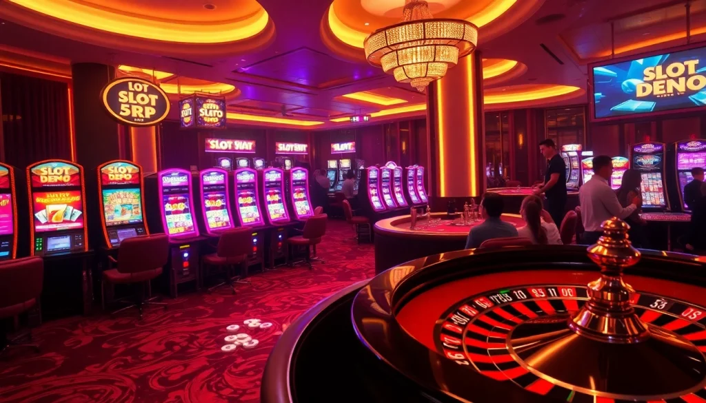 Para pemain berinteraksi dengan mesin slot depo 5rb yang menarik di lingkungan kasino mewah.