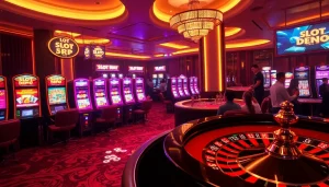 Para pemain berinteraksi dengan mesin slot depo 5rb yang menarik di lingkungan kasino mewah.