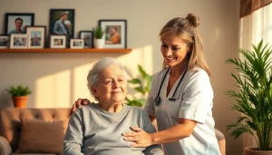 Caregiver providing in home care austin tx to an elderly client in a warm, inviting setting.